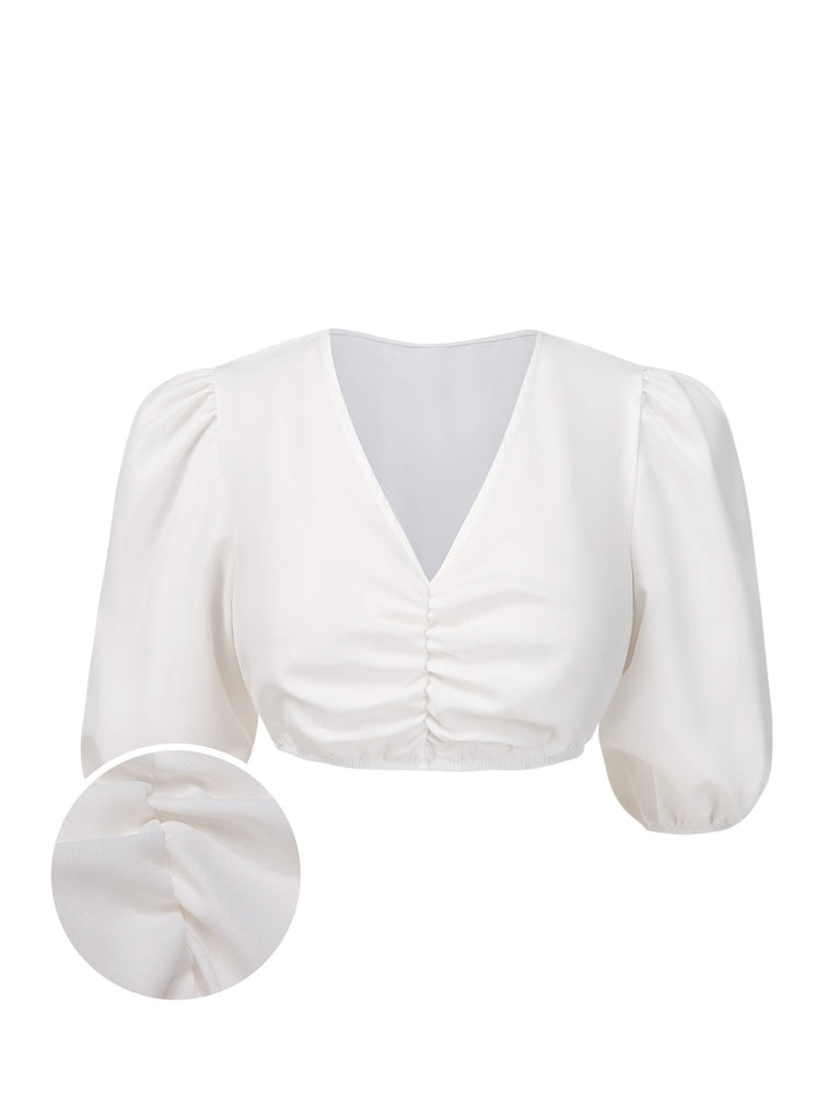 [Vorverkauf] Weiß 1950er Oktoberfest Gerüschtes Puffärmel Crop Top