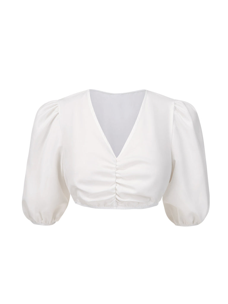 [Vorverkauf] Weiß 1950er Oktoberfest Gerüschtes Puffärmel Crop Top