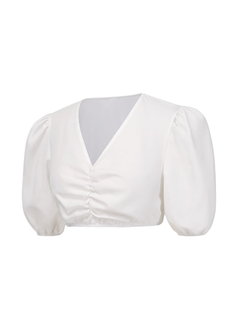 [Vorverkauf] Weiß 1950er Oktoberfest Gerüschtes Puffärmel Crop Top