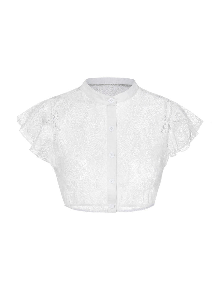 [Vorverkauf] Weiß 1950er Oktoberfest Rüschenärmel Spitze Crop Top
