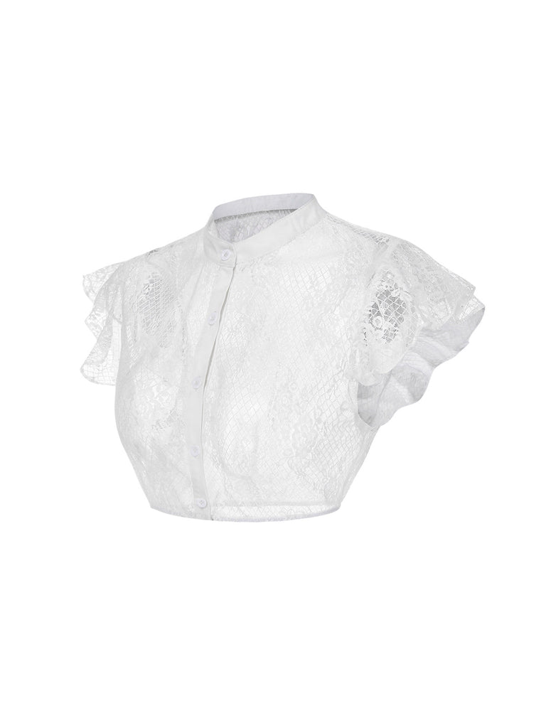 [Vorverkauf] Weiß 1950er Oktoberfest Rüschenärmel Spitze Crop Top