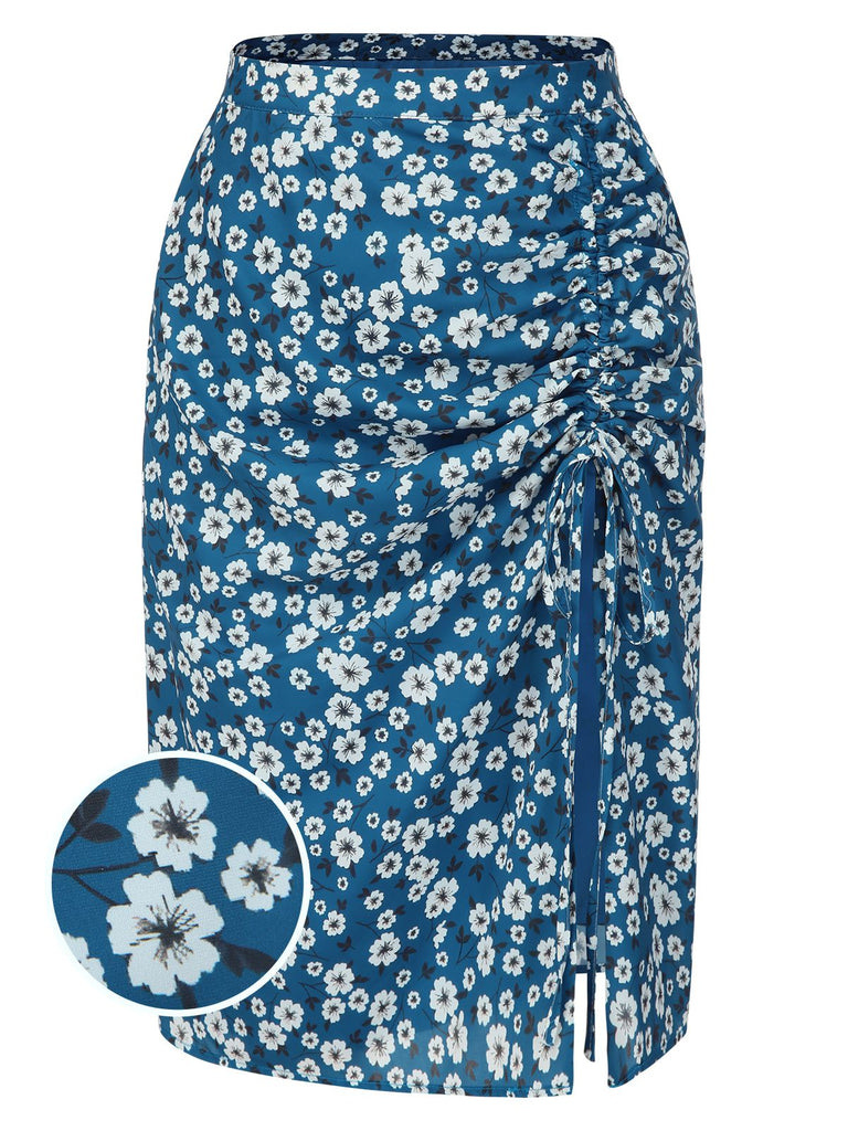 [Vorverkauf] Blau 1960er Gänseblümchen Chiffon Gerüschtes Bleistift Rock