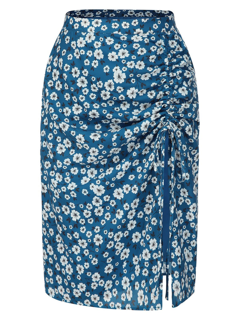 [Vorverkauf] Blau 1960er Gänseblümchen Chiffon Gerüschtes Bleistift Rock
