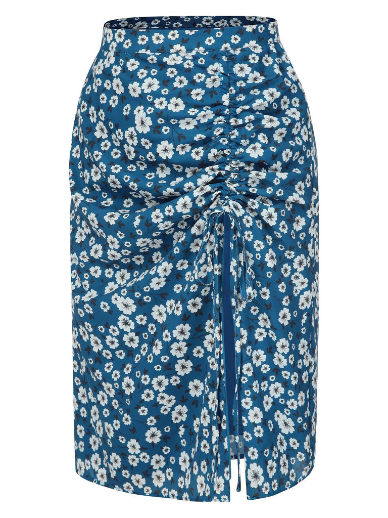 [Vorverkauf] Blau 1960er Gänseblümchen Chiffon Gerüschtes Bleistift Rock