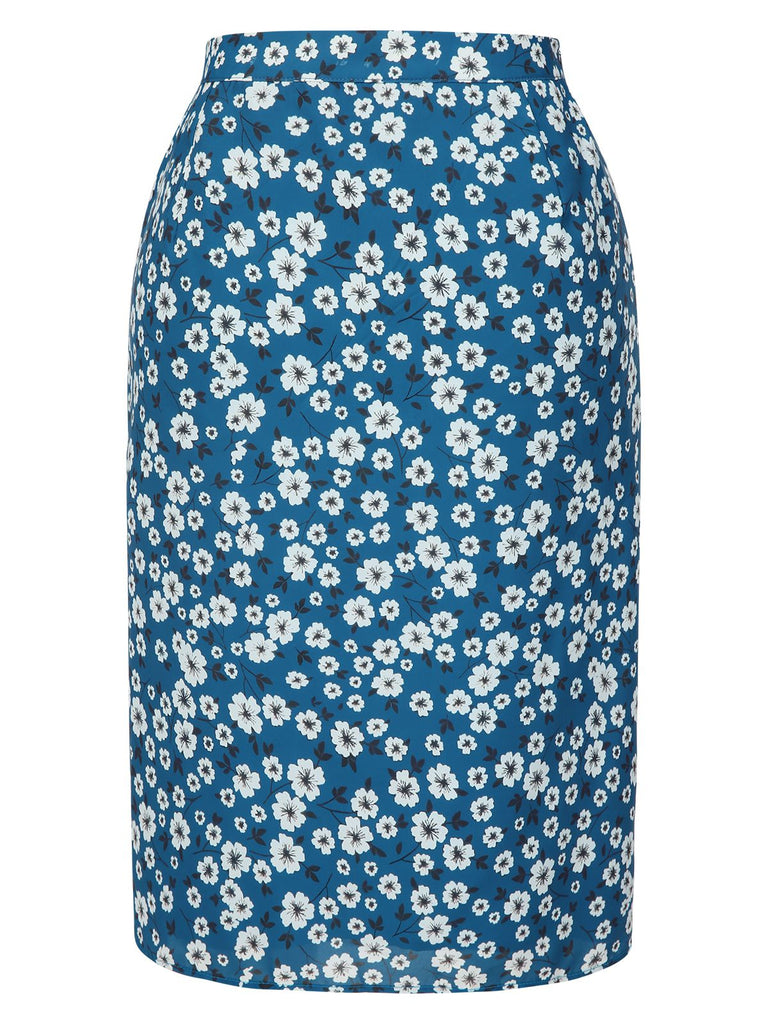 [Vorverkauf] Blau 1960er Gänseblümchen Chiffon Gerüschtes Bleistift Rock