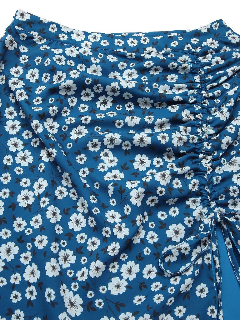 [Vorverkauf] Blau 1960er Gänseblümchen Chiffon Gerüschtes Bleistift Rock