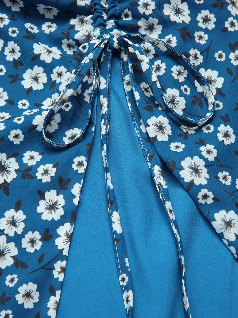 [Vorverkauf] Blau 1960er Gänseblümchen Chiffon Gerüschtes Bleistift Rock