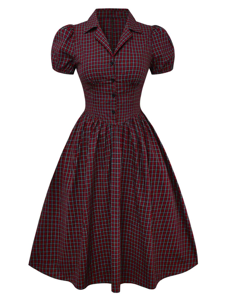 Rot 1950er Plaid Revers Puffärmel Baumwolle Kleid