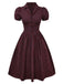 Rot 1950er Plaid Revers Puffärmel Baumwolle Kleid