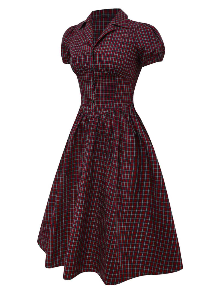 Rot 1950er Plaid Revers Puffärmel Baumwolle Kleid