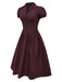 Rot 1950er Plaid Revers Puffärmel Baumwolle Kleid