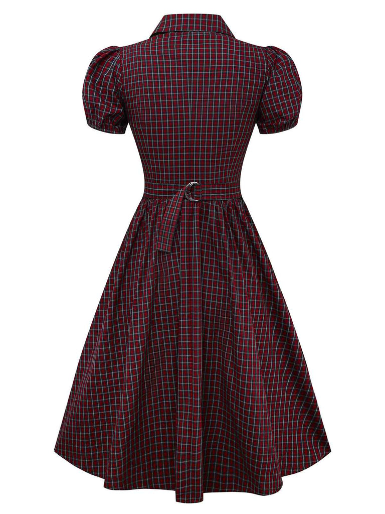 Rot 1950er Plaid Revers Puffärmel Baumwolle Kleid