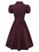 Rot 1950er Plaid Revers Puffärmel Baumwolle Kleid