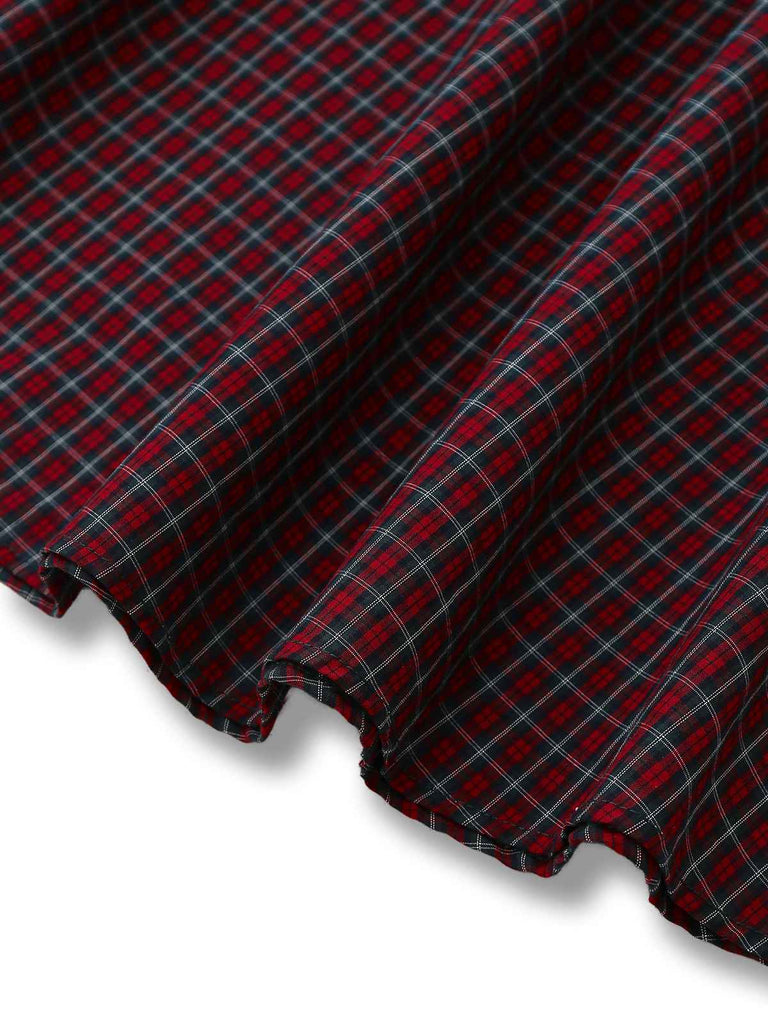 Rot 1950er Plaid Revers Puffärmel Baumwolle Kleid