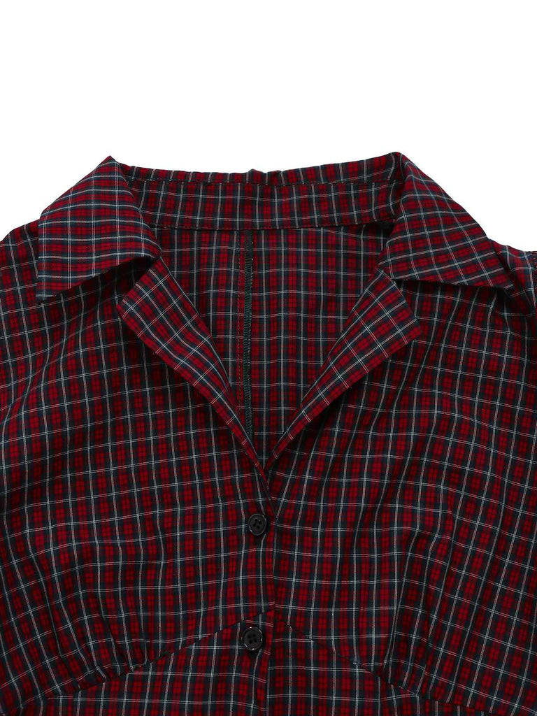 Rot 1950er Plaid Revers Puffärmel Baumwolle Kleid