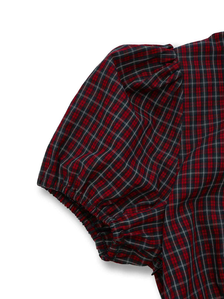 Rot 1950er Plaid Revers Puffärmel Baumwolle Kleid