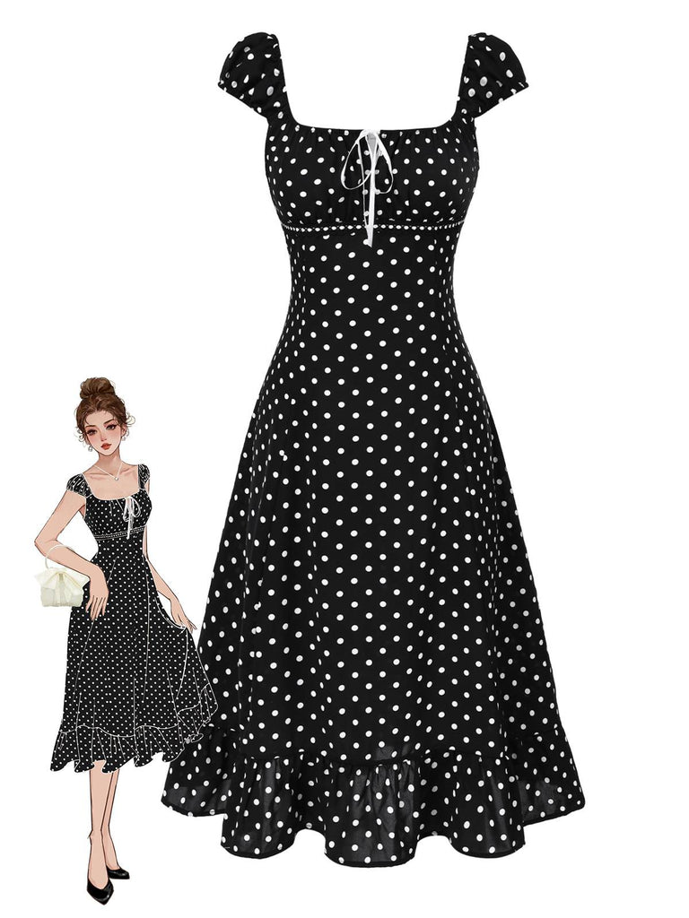 [Vorverkauf] 1940er Quadratischer Hals Polka Dot Rüschen Kleid