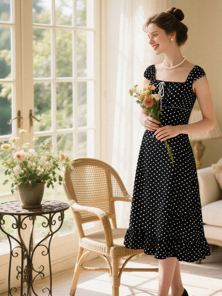 [Vorverkauf] 1940er Quadratischer Hals Polka Dot Rüschen Kleid