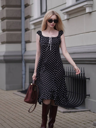 1940er Quadratischer Hals Polka Dot Rüschen Kleid