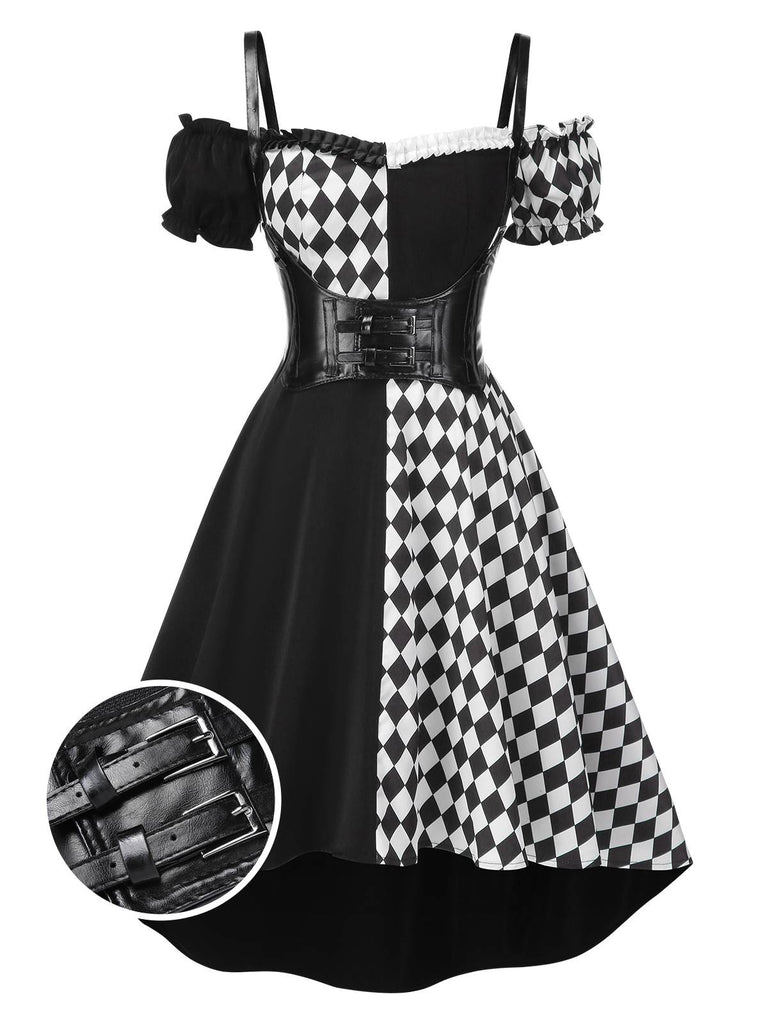 [Vorverkauf] Schwarz 1950er Halloween Check Kleid & Leder Korsett