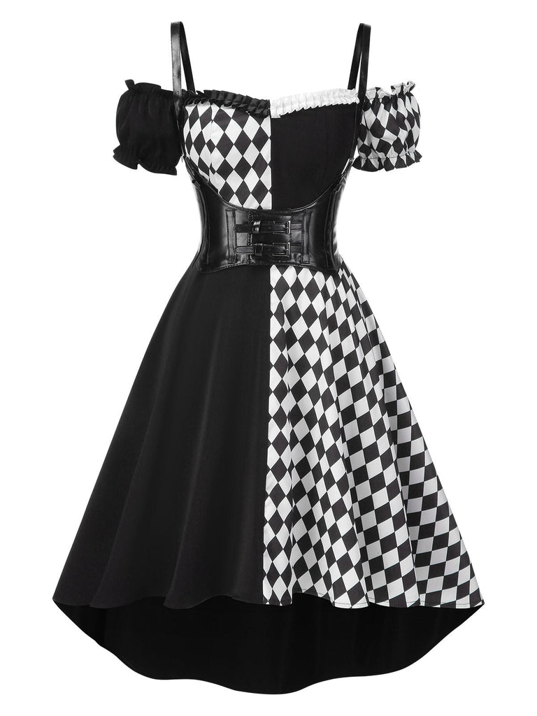 [Vorverkauf] Schwarz 1950er Halloween Check Kleid & Leder Korsett