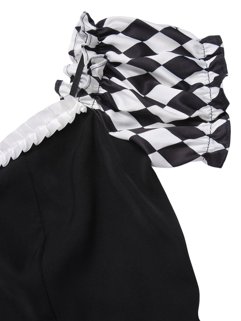 [Vorverkauf] Schwarz 1950er Halloween Check Kleid & Leder Korsett