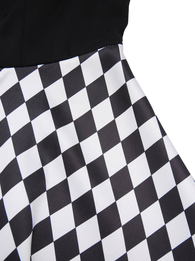 [Vorverkauf] Schwarz 1950er Halloween Check Kleid & Leder Korsett