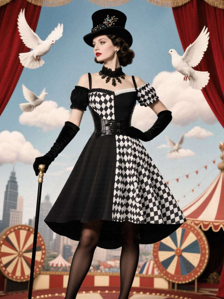 [Vorverkauf] Schwarz 1950er Halloween Check Kleid & Leder Korsett