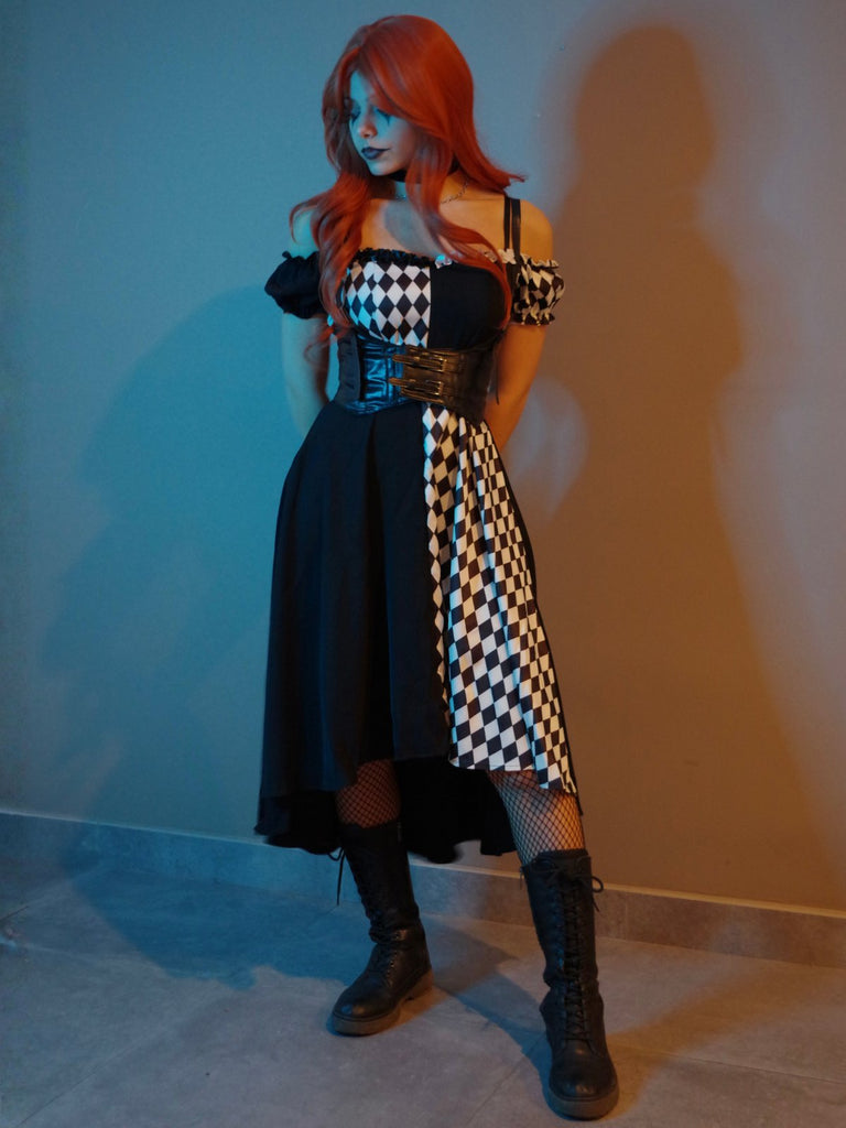 Schwarz 1950er Halloween Check Kleid & Leder Korsett