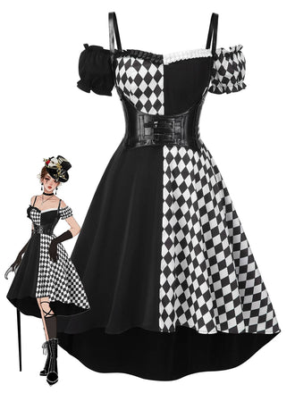 Schwarz 1950er Halloween Check Kleid & Leder Korsett