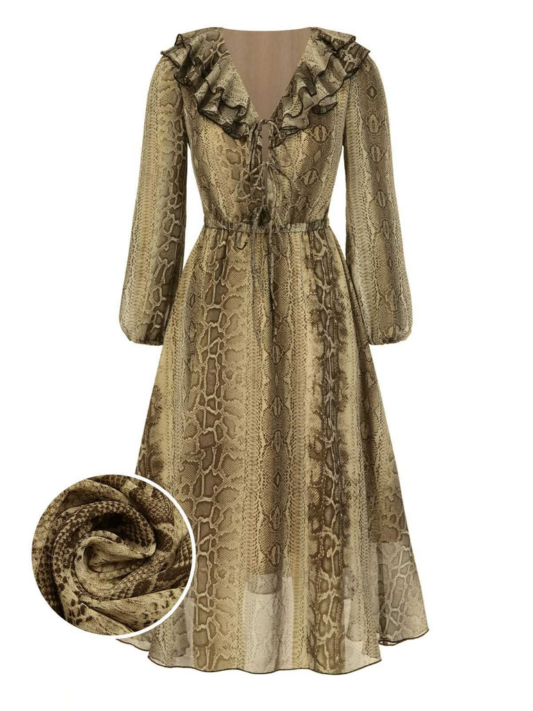 [Vorverkauf] Braun 1980er Schlange Drucken Rüschen Chiffon Kleid