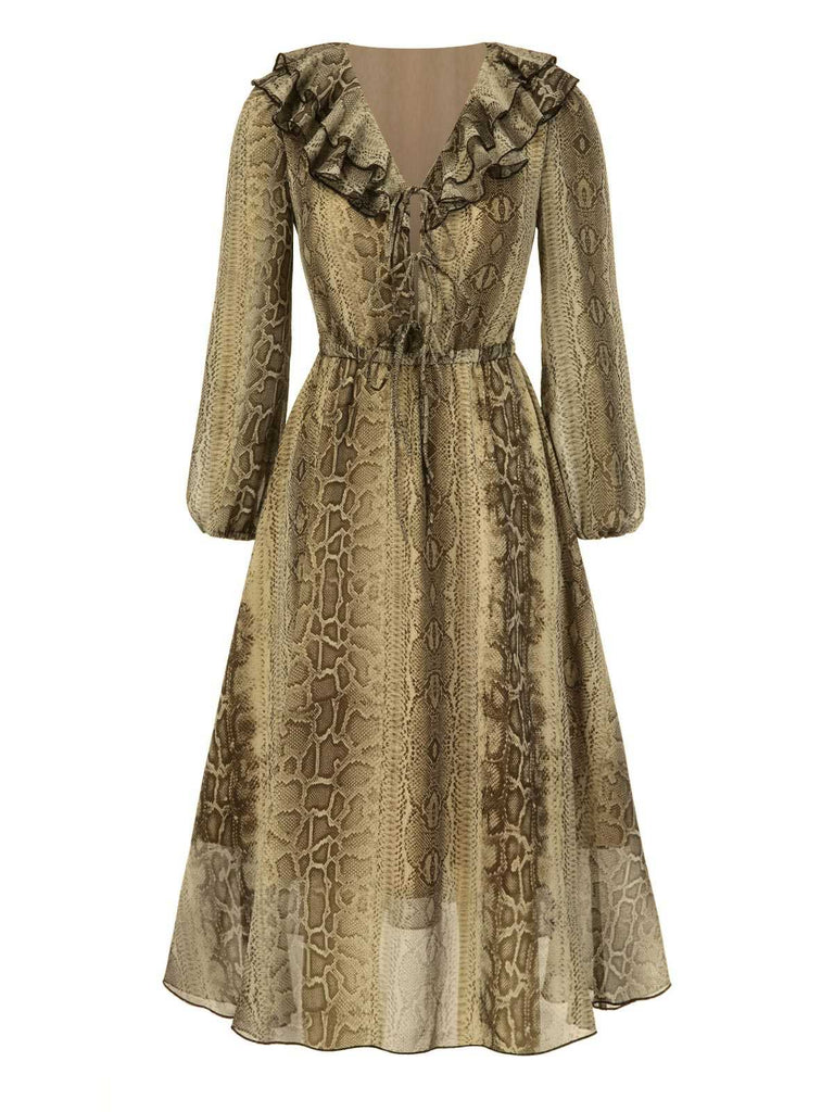 [Vorverkauf] Braun 1980er Schlange Drucken Rüschen Chiffon Kleid