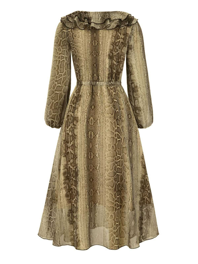 [Vorverkauf] Braun 1980er Schlange Drucken Rüschen Chiffon Kleid