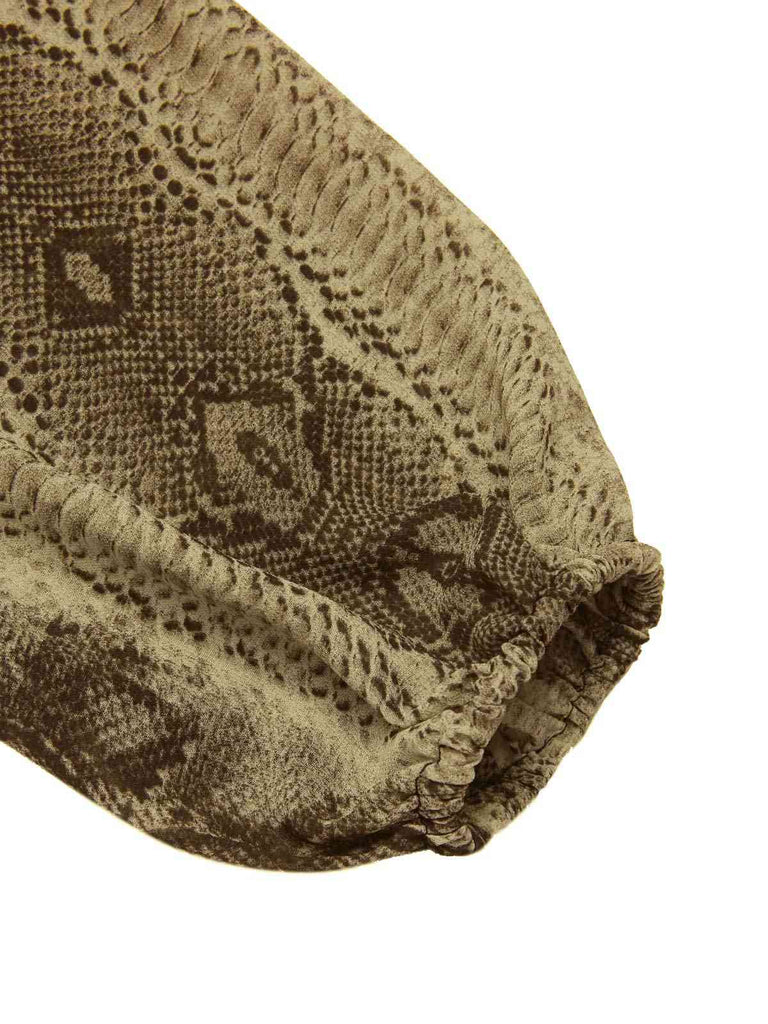 [Vorverkauf] Braun 1980er Schlange Drucken Rüschen Chiffon Kleid