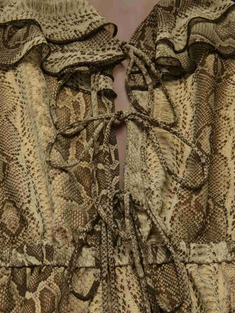 [Vorverkauf] Braun 1980er Schlange Drucken Rüschen Chiffon Kleid
