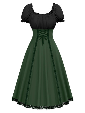 Grün 1940er Farbblock Schnürung Kleid