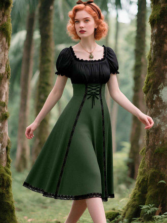 Grün 1940er Farbblock Schnürung Kleid