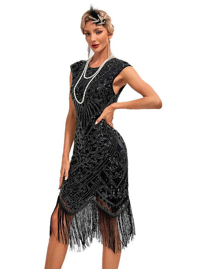 1920er Pailletten Rand Rundhals Flügelärmel Kleid