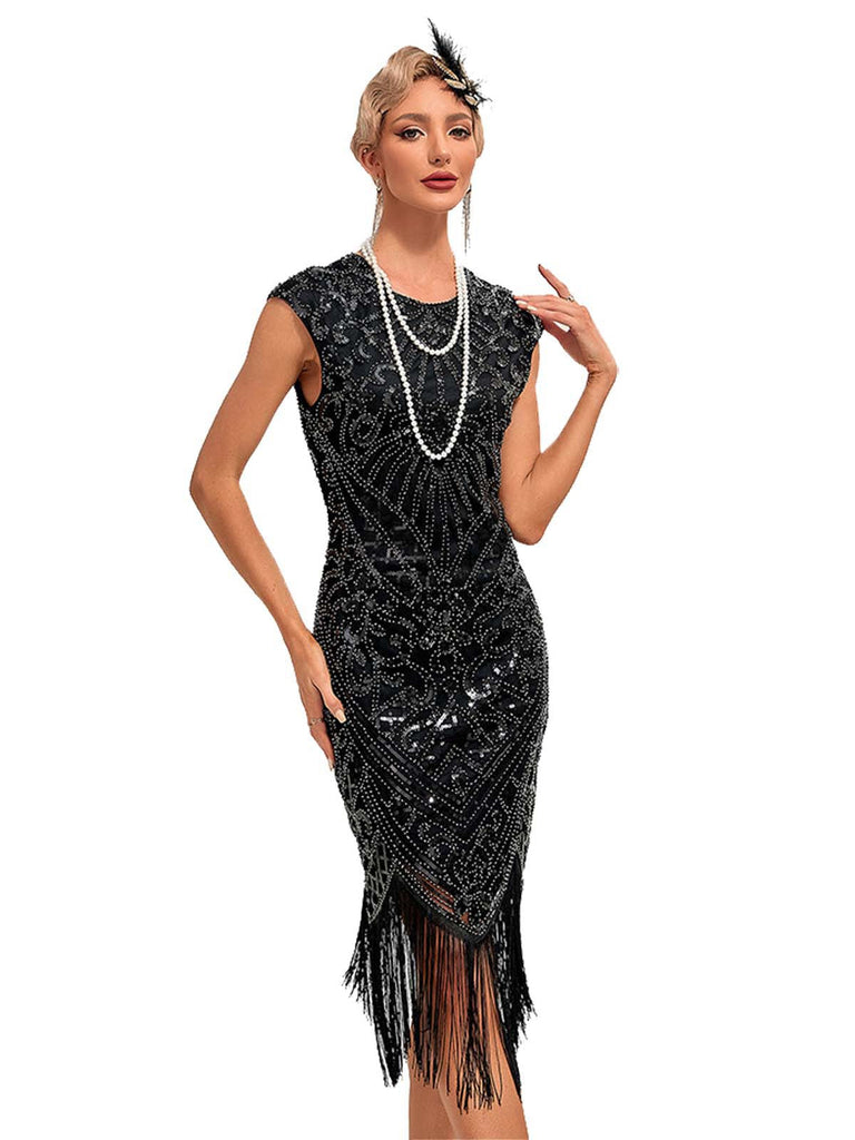 1920er Pailletten Rand Rundhals Flügelärmel Kleid