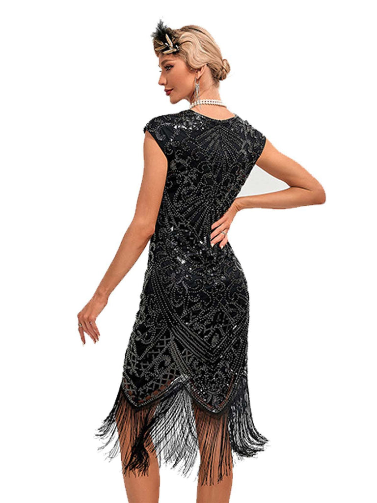 1920er Pailletten Rand Rundhals Flügelärmel Kleid