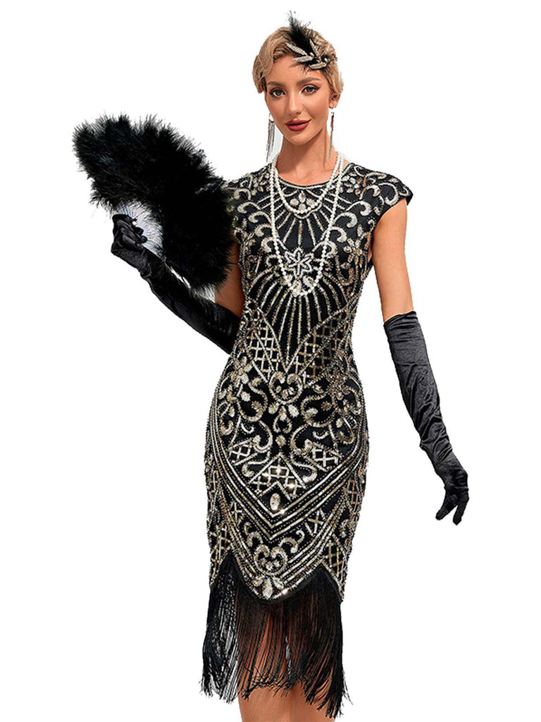 1920er Pailletten Rand Rundhals Flügelärmel Kleid
