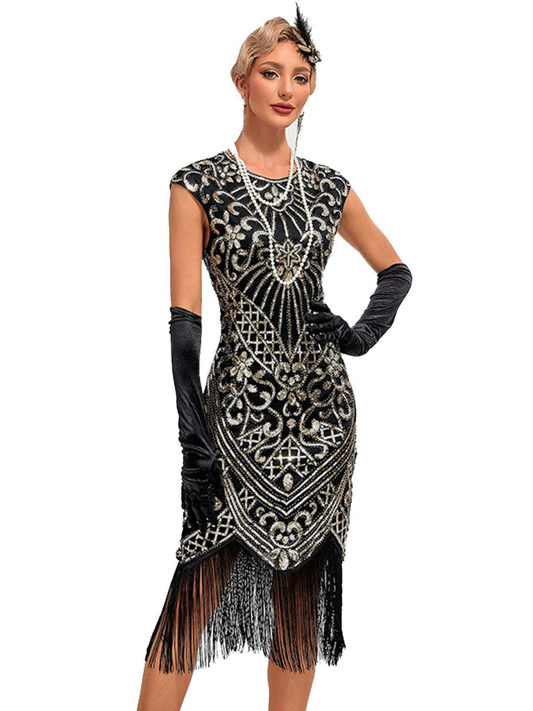 1920er Pailletten Rand Rundhals Flügelärmel Kleid