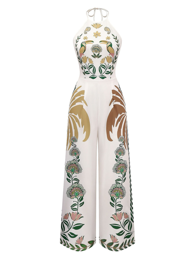 1970er Boho Blumen Zurück Schnürung Patchwork Jumpsuit