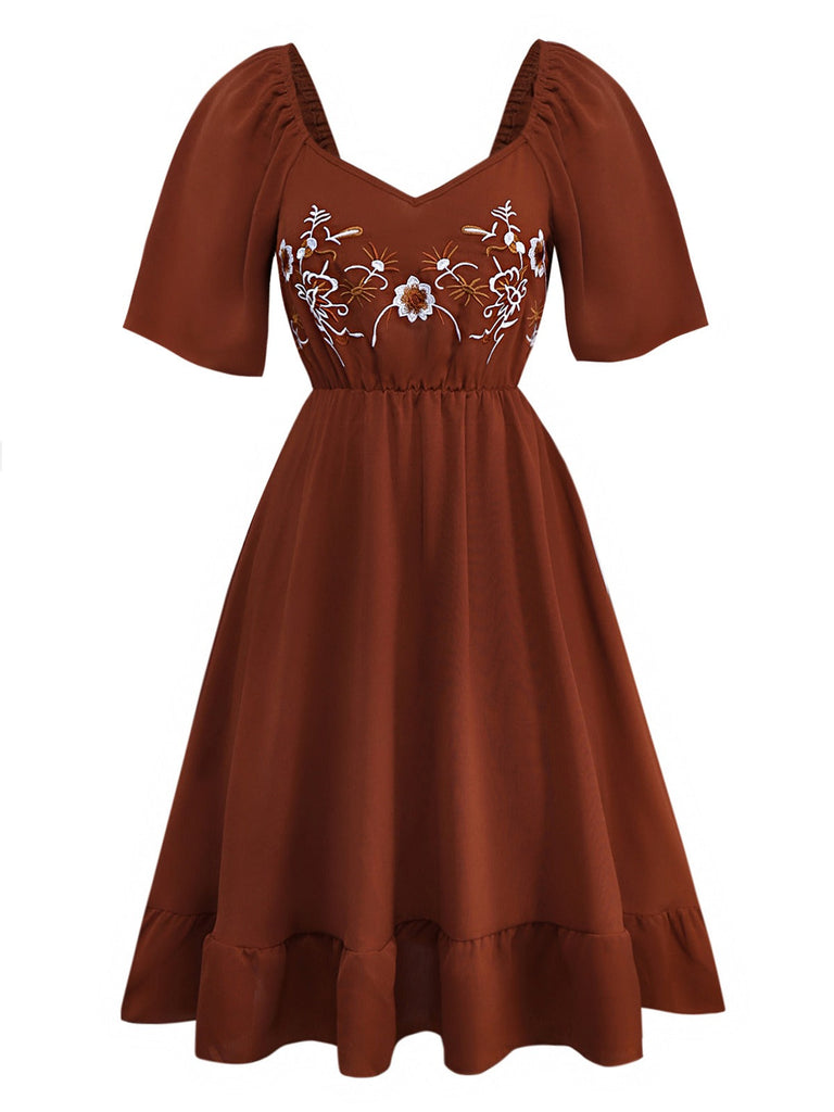 Braun 1950er Bestickt Blumen Rüschen Gerüschtes Kleid