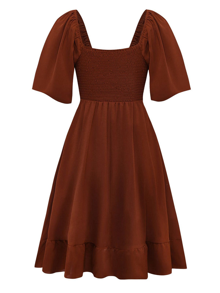 Braun 1950er Bestickt Blumen Rüschen Gerüschtes Kleid