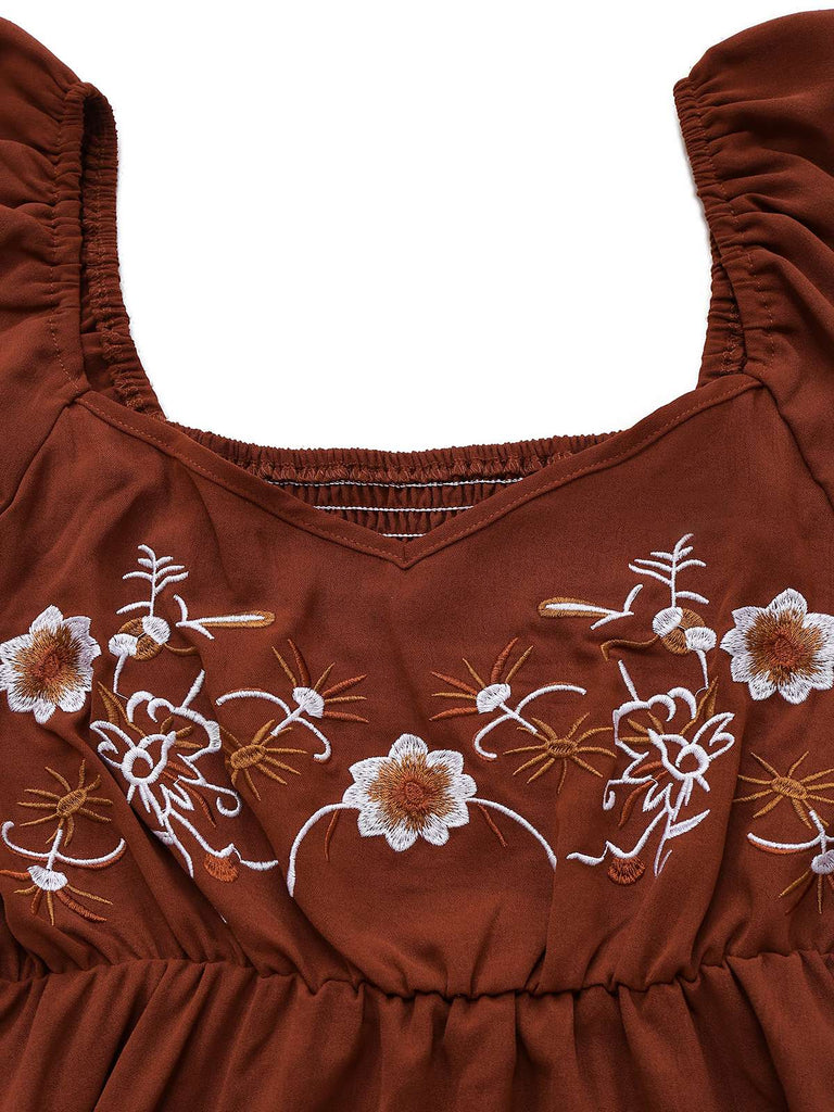 Braun 1950er Bestickt Blumen Rüschen Gerüschtes Kleid