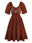 Braun 1950er Bestickt Blumen Rüschen Gerüschtes Kleid