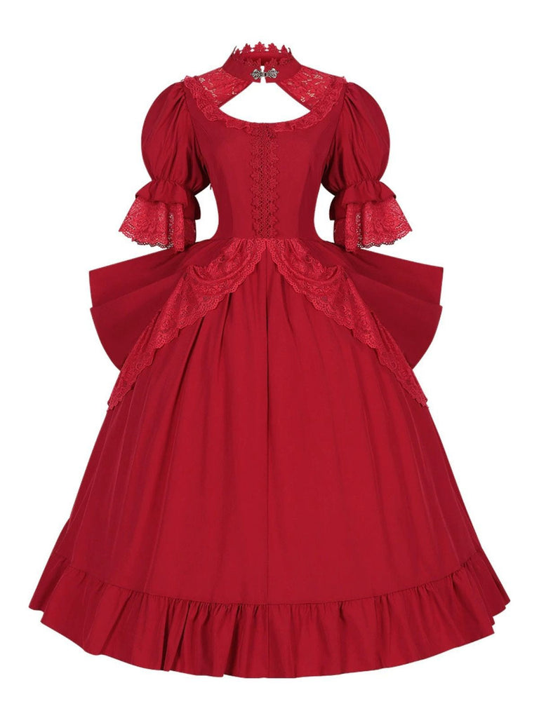 Rot 1950er Palaststil Ausgeschnitten Hals Spitze Patchwork Kleid
