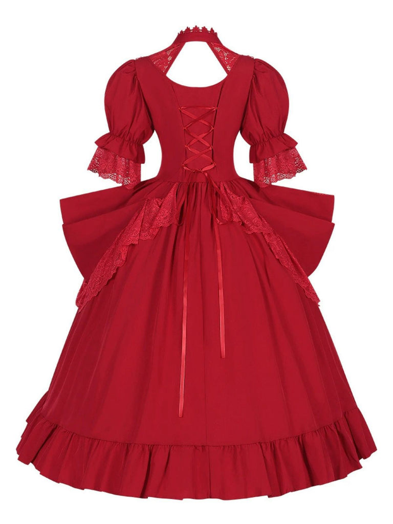 Rot 1950er Palaststil Ausgeschnitten Hals Spitze Patchwork Kleid