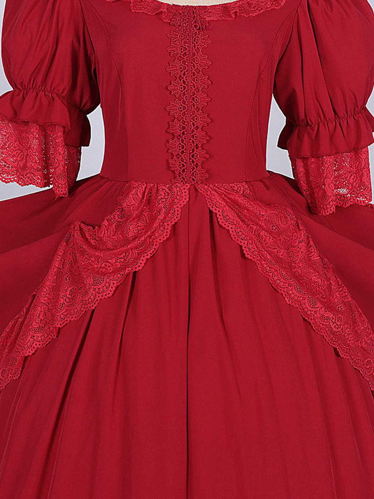 Rot 1950er Palaststil Ausgeschnitten Hals Spitze Patchwork Kleid